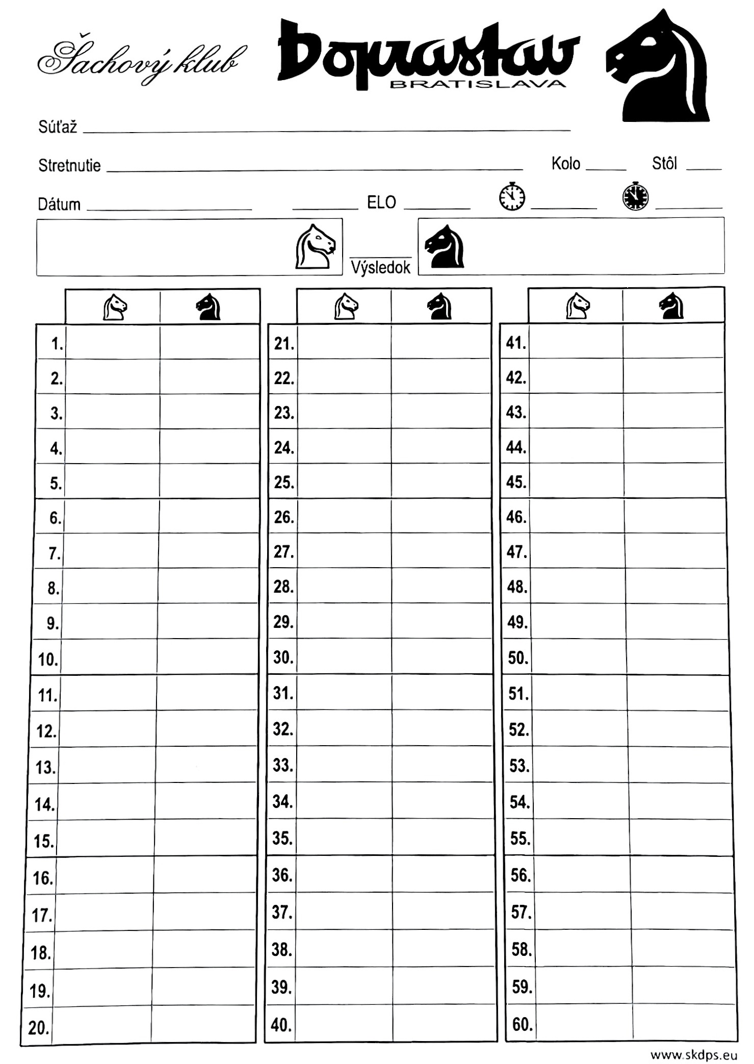 hárok papiera s predtlačou pre zapisovanie ťahov šachovej partie