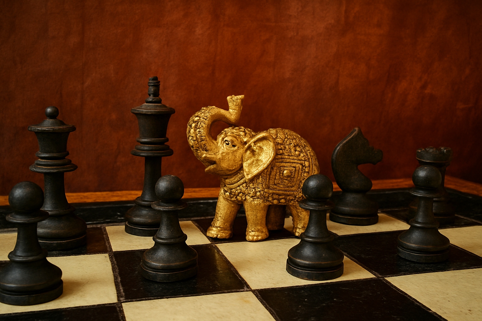 figúrka slona medzi ostatnýmí figúrkami na šachovnici